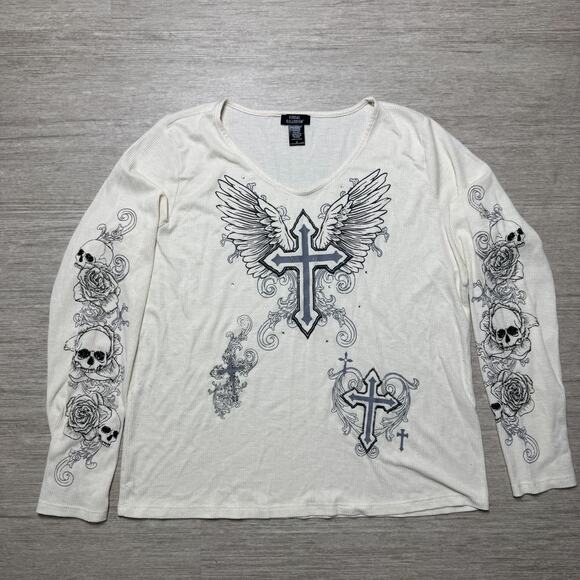 Social Collision Women’s 2 Graphic Long Sleeve Shirt Grunge Wings Cross Skull - Picture 1 of 7